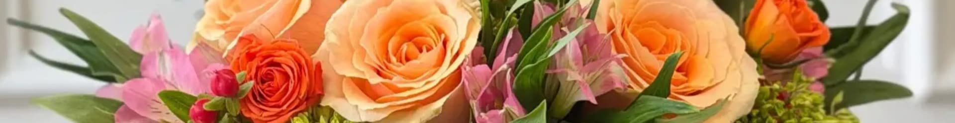 High end flower arrangement of peach, pink and orange flowers. Handcrafted by Plantscapes Florist