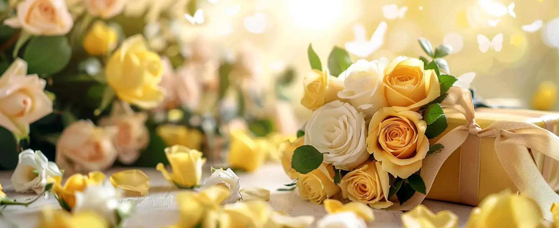 Yellow and White Rose bouquet laying on a table with a gift tied with a bow
