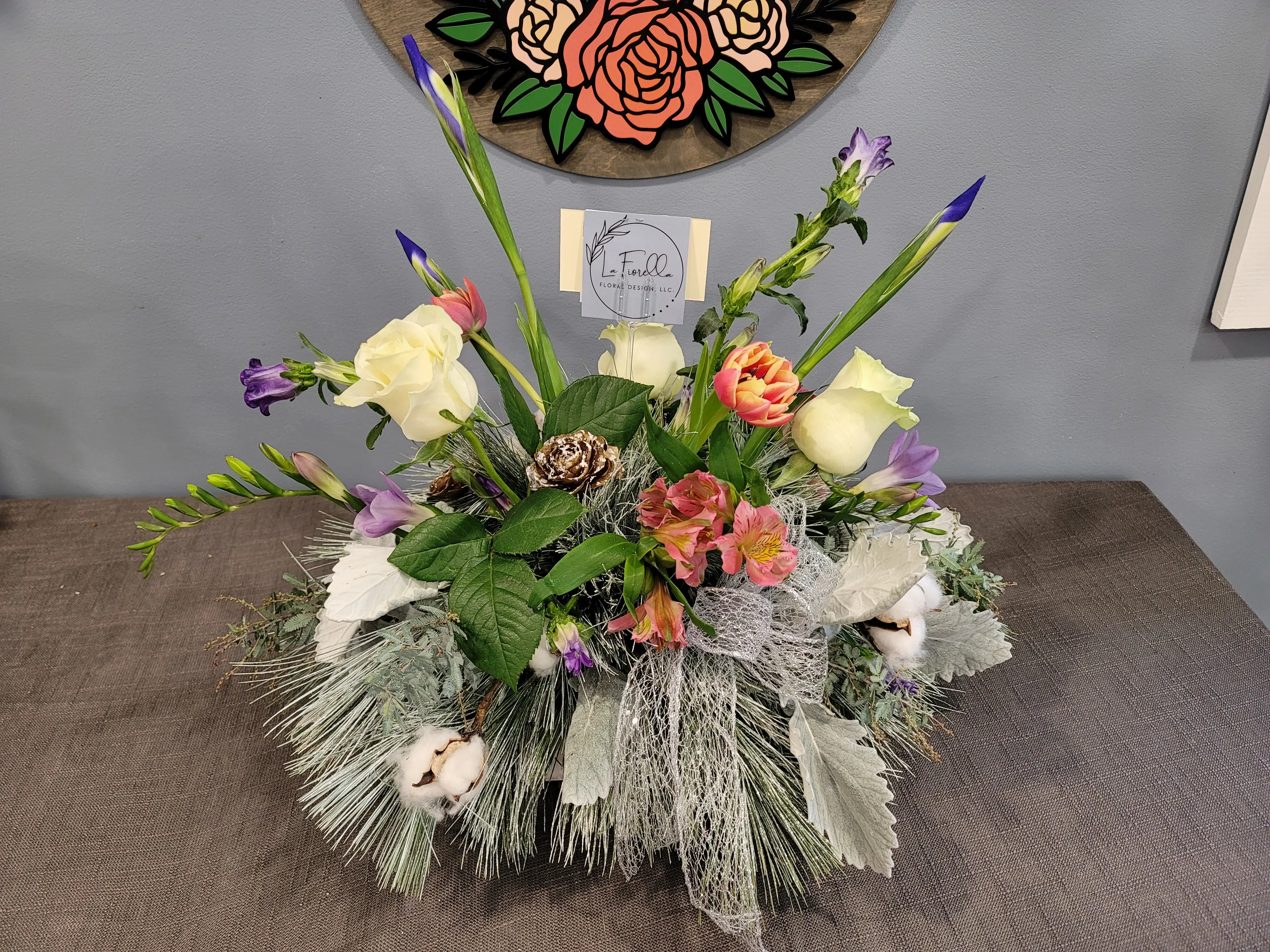 Winter Pine & Rose Centerpiece | Seasonal Holiday Arrangement by La Fiorella Floral Design – photo 2