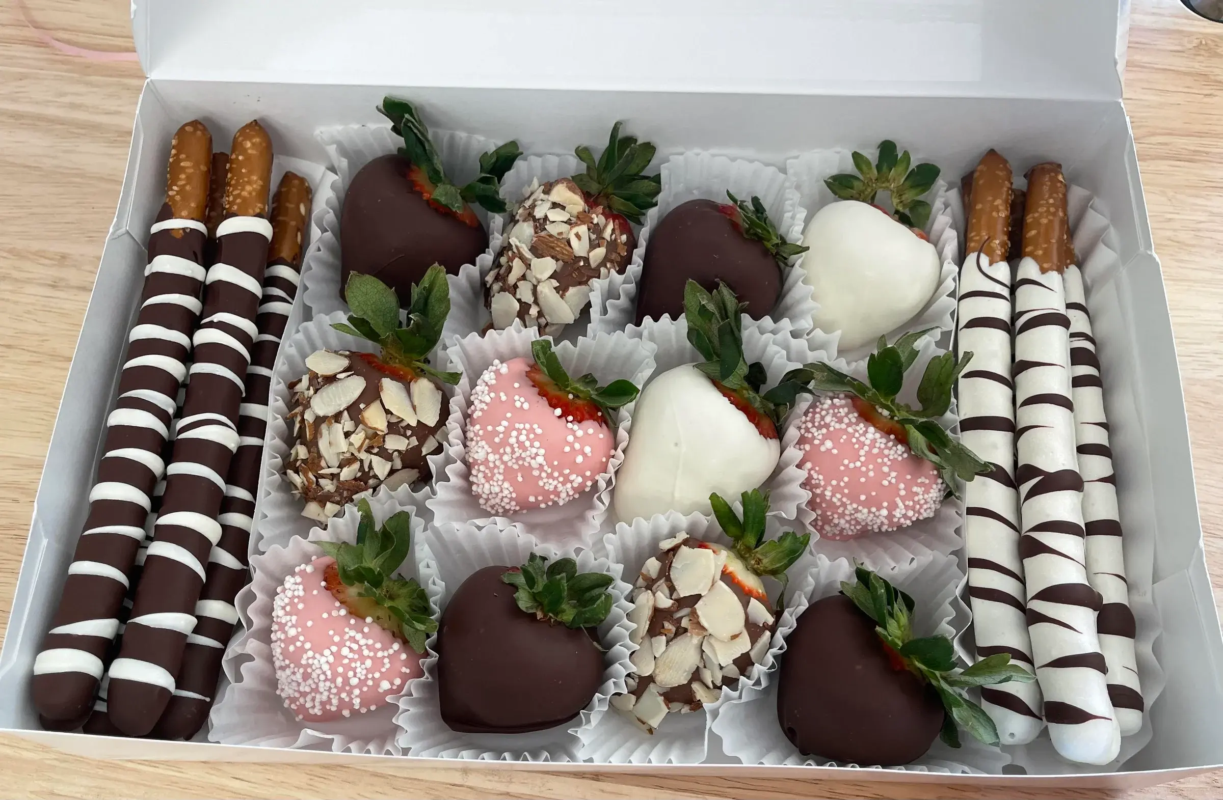 Gourmet Chocolate Dipped Strawberries and Pretzel Rod Box