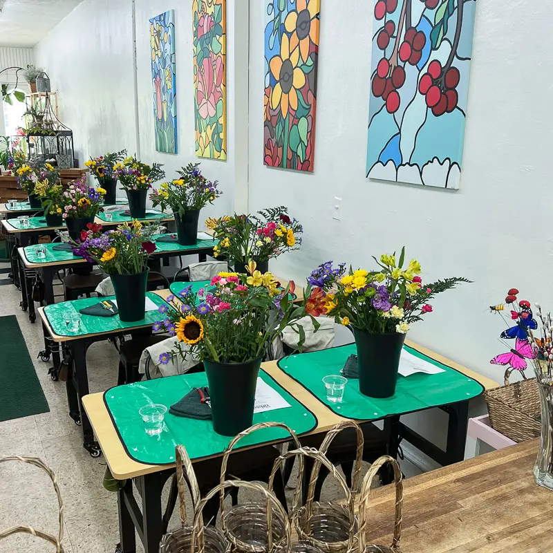 Westside Flowers workshops and classes - classroom style seating with individual work stations