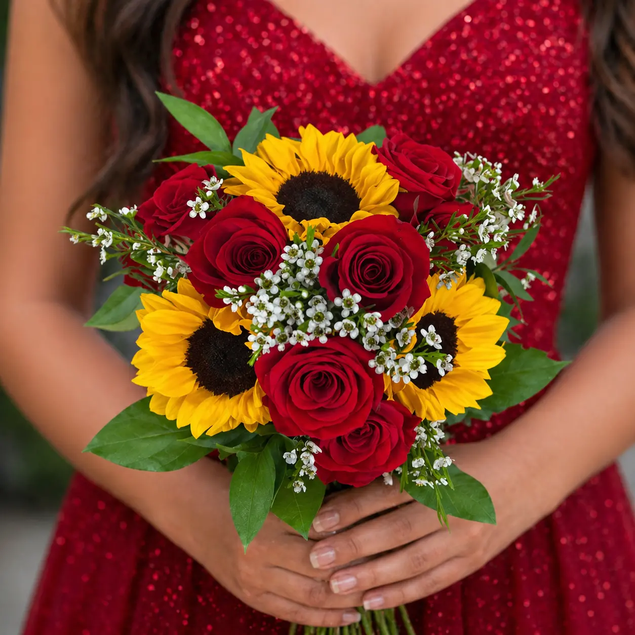 red bridesmaid dresses with sunflowers Burgundy Dahlia Sunflower Wedding Bouquet: Twine & Lace Wrapped